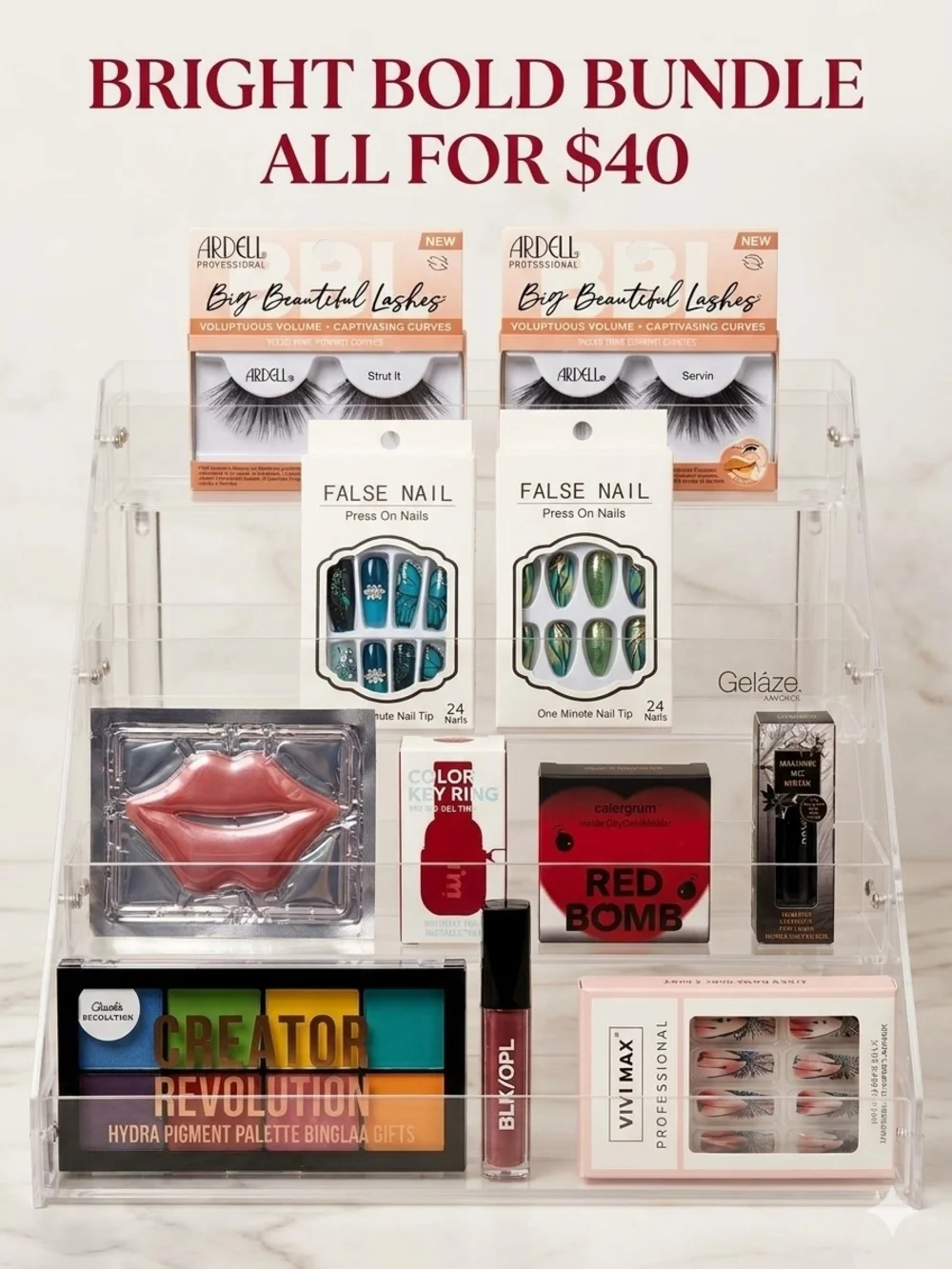Ardell Eyeshadow Palette & Makeup Bundle with Pink Lip Mask and Multicolor Nails